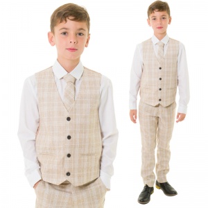 Milano Mayfair Boys Beige Check 4 Piece Slim Fit Suit