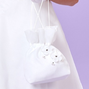 Girls White Flower Beaded Satin Dolly Bag - Poppy P125 by Peridot