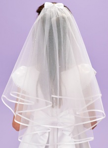 Girls White Two Tier Diamante Satin Bow Veil - Jacklyn P201 by Peridot