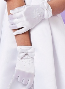 Girls White Bow Pearl Satin Communion Gloves - Stella P256 by Peridot