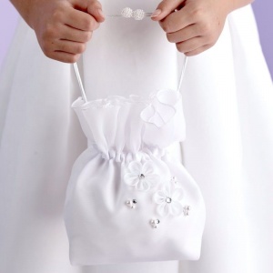 Girls White Flower Beaded Satin Dolly Bag - Poppy P125 by Peridot