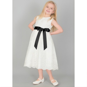Girls Ivory Floral Lace Dress with Black Satin Sash -  childrensspecialoccasionwear.co.uk
