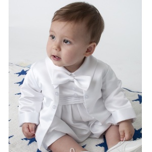 Baby Boys White Tuxedo Style Christening Romper Suit
