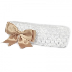 Baby Girls White Crochet Headband with Gold Satin Bow