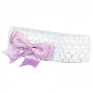 Baby Girls White Crochet Headband with Lilac Satin Bow