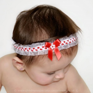 Baby Girls Red & White Organza Headband with Satin & Diamante Bow
