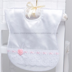 White & Pink Lace Rose Satin Popper Bib