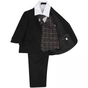 Boys Black & Grey Check 5 Piece Slim Fit Suit