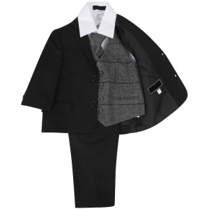 Boys Black & Grey Tweed Check 5 Piece Slim Fit Suit