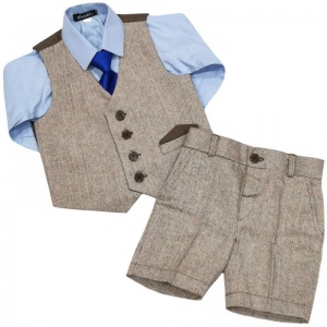 Boys Brown Tweed Herringbone 4 Piece Shorts Suit