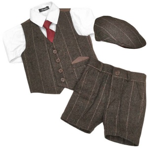 Boys Brown Tweed Check Shorts Suit with Cap