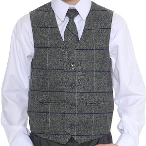 Boys Grey Tweed Look Waistcoat with Blue Check