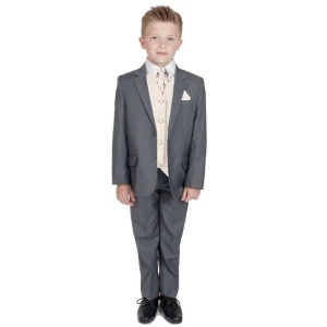 Boys Grey & Champagne Swirl 6 Piece Slim Fit Suit