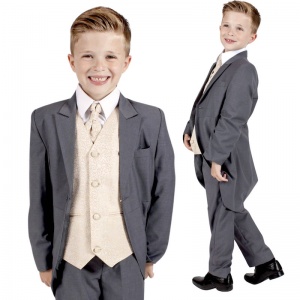 Boys Grey & Champagne Swirl 8 Piece Slim Fit Tail Jacket Suit