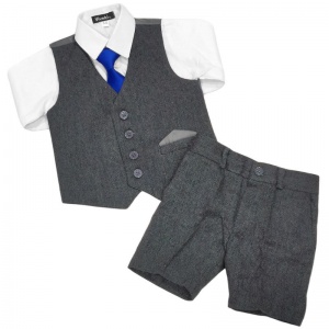 Boys Grey Tweed Herringbone 4 Piece Shorts Suit