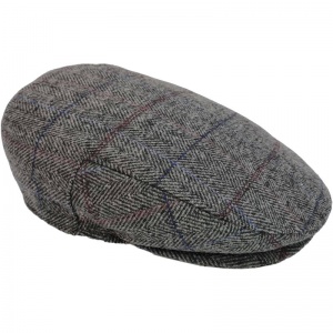 Boys Grey Check Tweed Herringbone Flat Cap