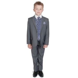 Boys Grey & Navy Swirl 6 Piece Slim Fit Suit