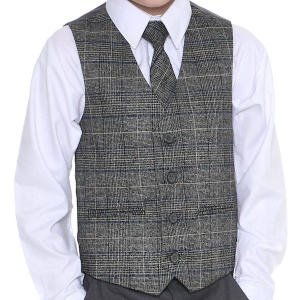 Boys Grey Tartan Tweed Look Waistcoat with Blue Check