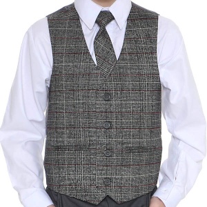 Boys Grey Tartan Tweed Look Waistcoat with Red Check