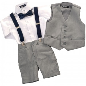 Boys Light Grey Shorts Suit with Dickie Bow & Braces