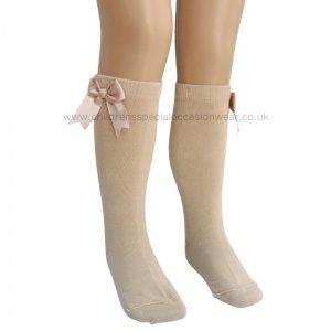 Girls Beige Knee Length Satin Bow Socks