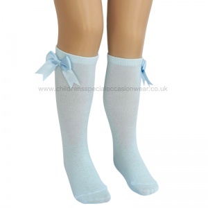 Girls Baby Blue Knee Length Satin Bow Socks