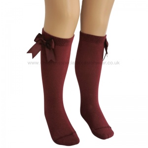 Girls Wine Knee Length Satin Bow Socks