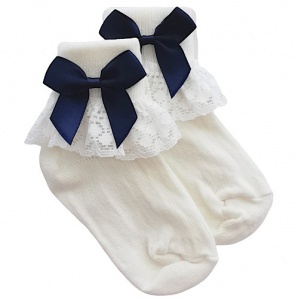 Girls Ivory Lace Socks with Navy Satin Bows