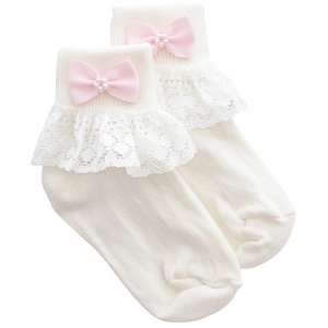 Girls Ivory Lace Socks with Pink Pearl Bow