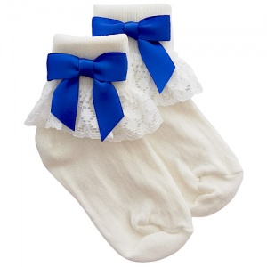 Girls Ivory Lace Socks with Royal Blue Satin Bows