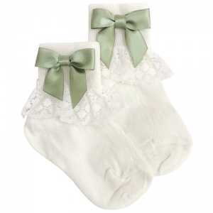 Girls Ivory Lace Socks with Sage Green Satin Bows