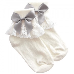 Girls Ivory Lace Socks with Silver Satin Bows