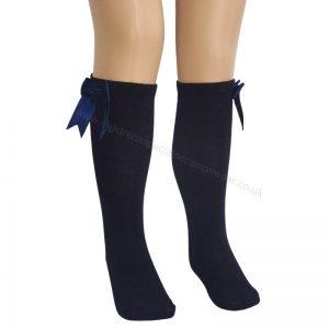 Girls Navy Knee Length Satin Bow Socks