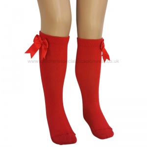 Girls Red Knee Length Satin Bow Socks