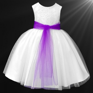 Girls White Diamante & Organza Dress with Purple Sash