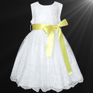 Girls White Floral Lace Dress with Lemon Satin Sash