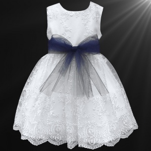 Girls White Floral Lace Dress with Navy Organza Sash