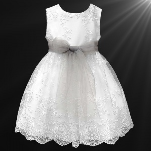 Girls White Floral Lace Dress with Silver Organza Sash