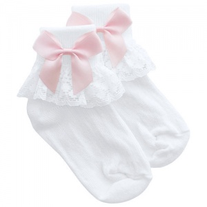 Girls White Lace Socks with Baby Pink Satin Bows