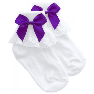 Girls White Lace Socks with Cadbury Purple Satin Bows