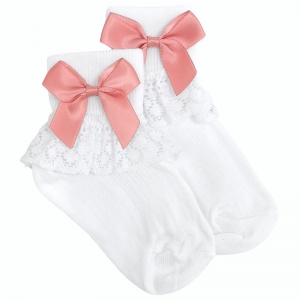 Girls White Lace Socks with Dusty Rose Satin Bows