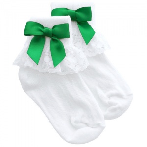 Girls White Lace Socks with Emerald Green Satin Bows