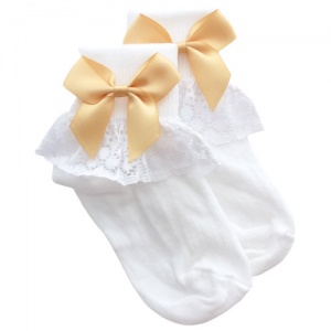Girls White Lace Socks with Gold Satin Bows