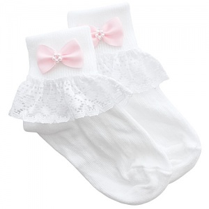 Girls White Lace Socks with Pink Pearl Bow