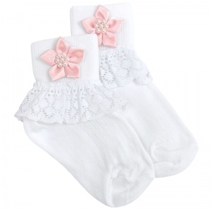Girls White Lace Socks with Pink Pearl Flower