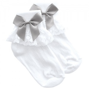Girls White Lace Socks with Silver Satin Bows