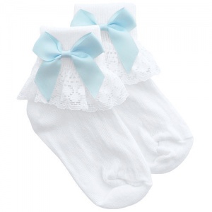 Girls White Lace Socks with Baby Blue Satin Bows