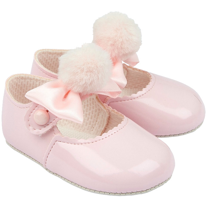 Baby Girls Pink Pom Bow Shoes | Christening Shoes | Wedding Shoes -