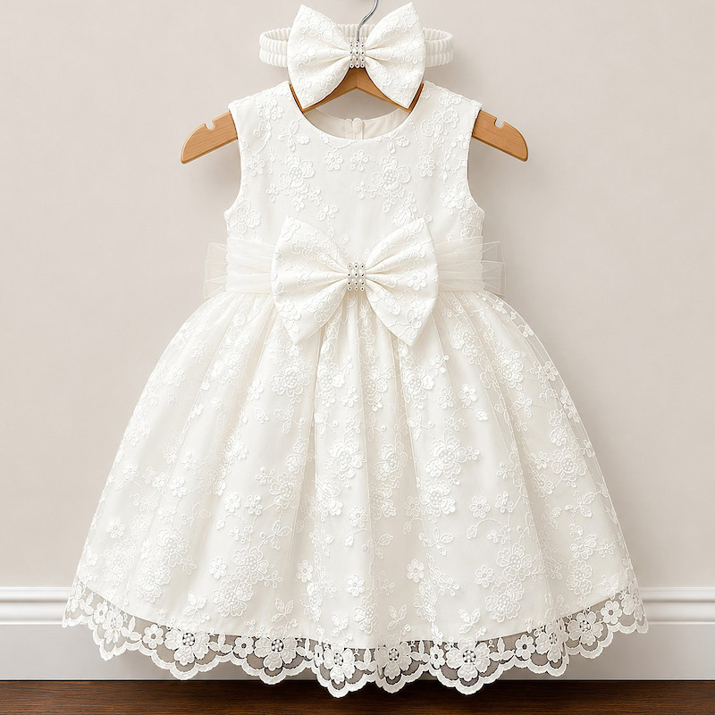 girls ivory dresses Bow Dress Mini Boden Baby Girls' Baby Ivory Bow Embroidered Lace Dress Headband neckline:Split Neck