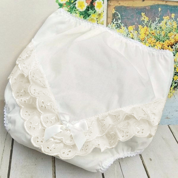 Baby Girls Ivory Broderie Anglais Satin Bow Frilly Knickers 